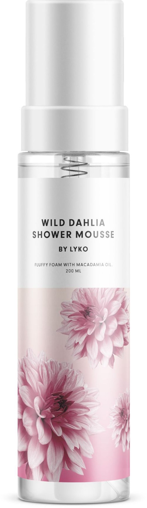 En lång, vit flaska med rosa blommor på etiketten, märkt som Wild Dahlia Shower Mousse av Lyko.