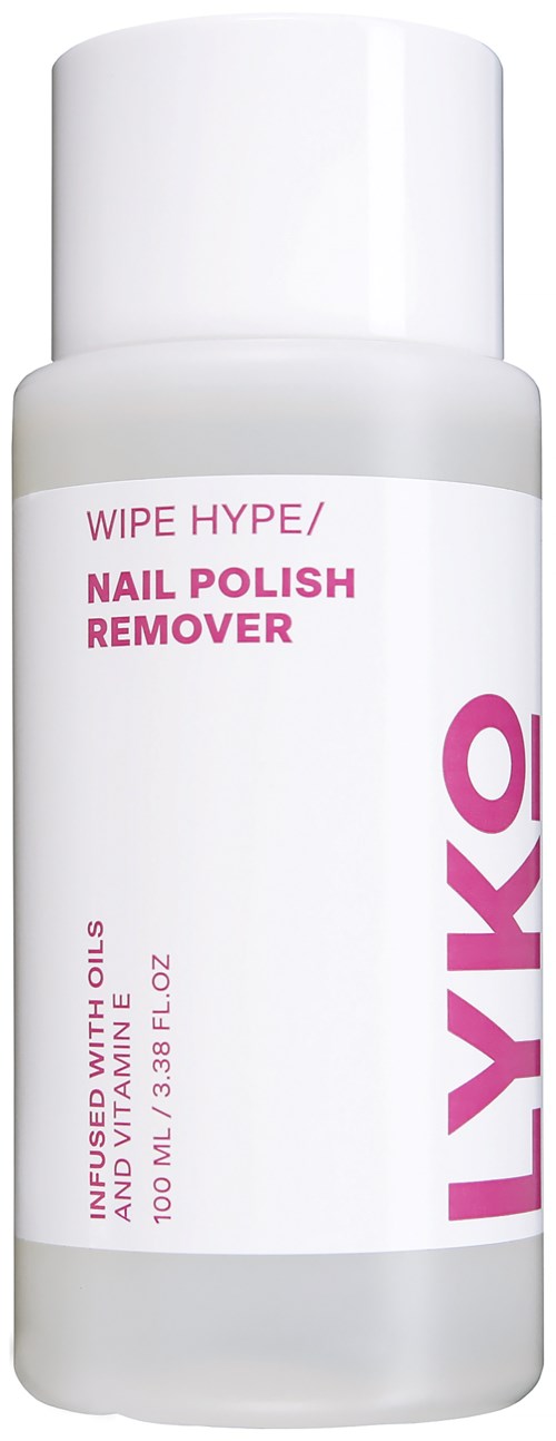 White bottle with pink text for nail polish remover, labeled 'Wipe Hype'.