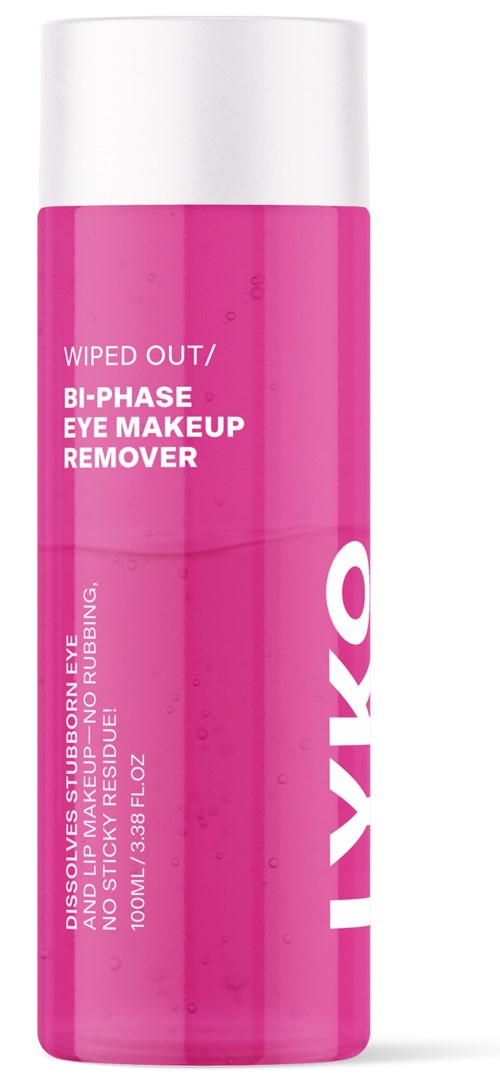 A pink and white bottle of eye makeup remover with text indicating it is for removing stubborn eye makeup.