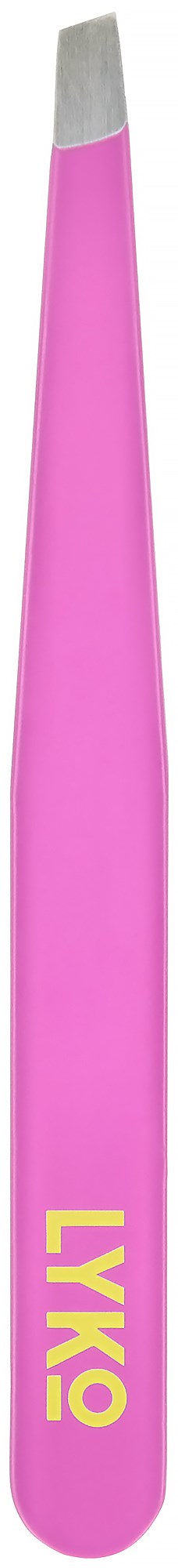 Een roze voorwerp met zilveren punt, gemarkeerd met gele tekst, staat rechtop.
