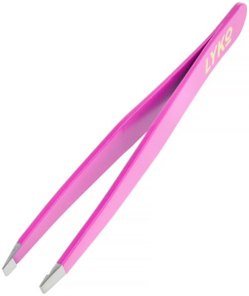 Roze pincet met gele letters die 'LKS' spellen. Ze worden gebruikt voor het epileren van haar.
