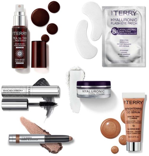 Skönhetsprodukter för hudvård och makeup inkluderar krämer, masker, puder och en CC-serum, med olika texturer och förpackningar.