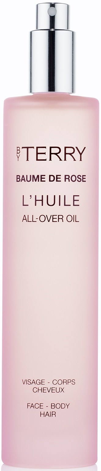 Pink bottle with silver cap labeled 'BY TERRY Baume de Rose L'Huile All-Over Oil' for face, body, hair.