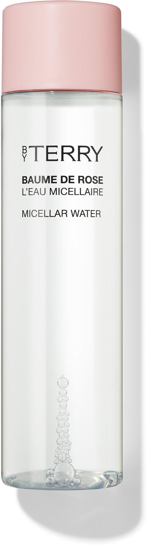Pitkä läpinäkyvä pullo vaaleanpunaisella kannella, merkittynä BY TERRY Baume de Rose Micellar Water.