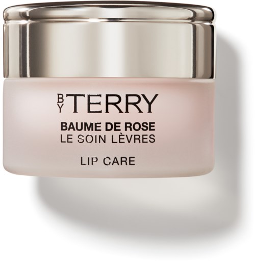 Pieni vaaleanpunainen rasia, jossa kiiltävä hopeinen kansi. Teksti sanoo BY TERRY, Baume de Rose, Lip Care.