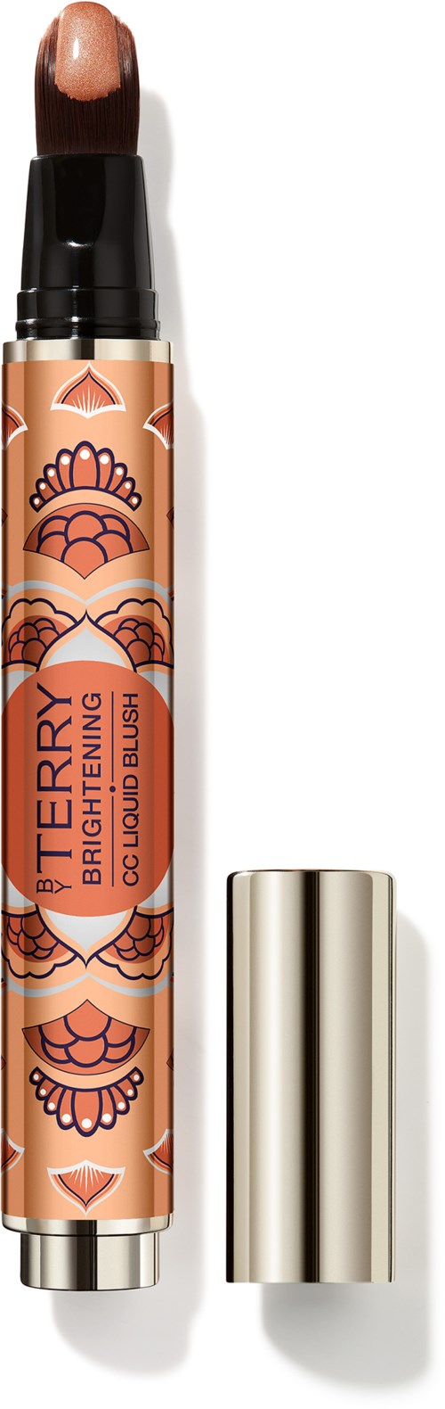 Huulisasutin, jossa on koristeellinen oranssi- ja pinkkipuolukka-kuvio, merkitty "STRAWBERRY BRIGHTENING GLOSS BALM."