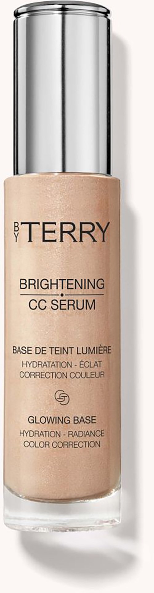 En flaska av ljusnande CC-serum med silverlock och beige vätska inuti.