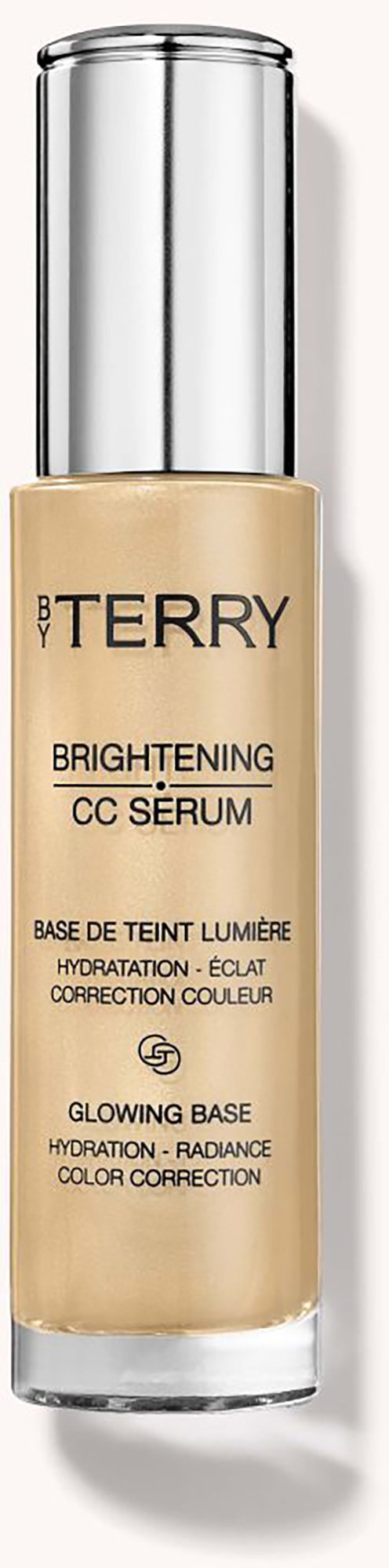 En beige flaska med BY TERRY Brightening CC Serum med en silverkapsel, avsedd för hudljus och glöd.