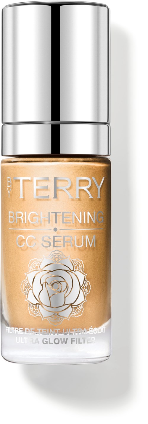 Charlotte Tilbury Brightening CC Serum -pullo, hopea-korkki ja ruusukuvio pullossa.