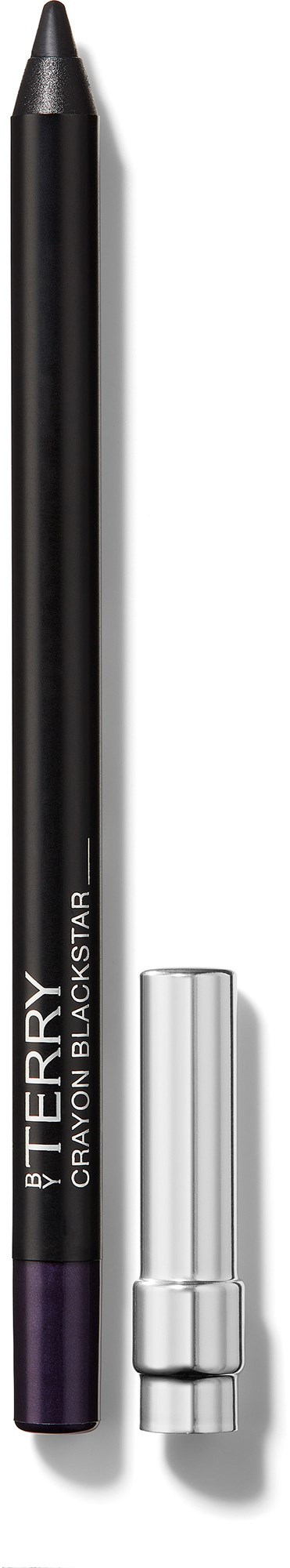Musta kynä, jossa on violettin kärki ja hopeinen tappi, merkitty 'BERRY CRAYON BLACKSTAR' valkoisella taustalla.