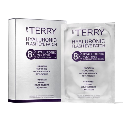 Pakkaus näyttää laatikon ja pussin Terry Hyaluronic Flash Eye Patch, korostaen kosteutusta ja väsymyksen vastaisia etuja.