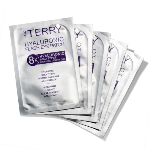 Vi hopeaa Hyaluronic Flash Eye Patches -naamioita levinä, merkitty kosteutukseen ja väsymyksen ehkäisyyn.