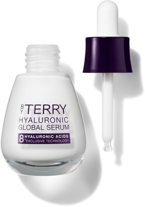 Valkoinen pullo tiputusannostelijalla, merkinnällä 'BY TERRY HYALURONIC GLOBAL SERUM' ja violetti nauha.