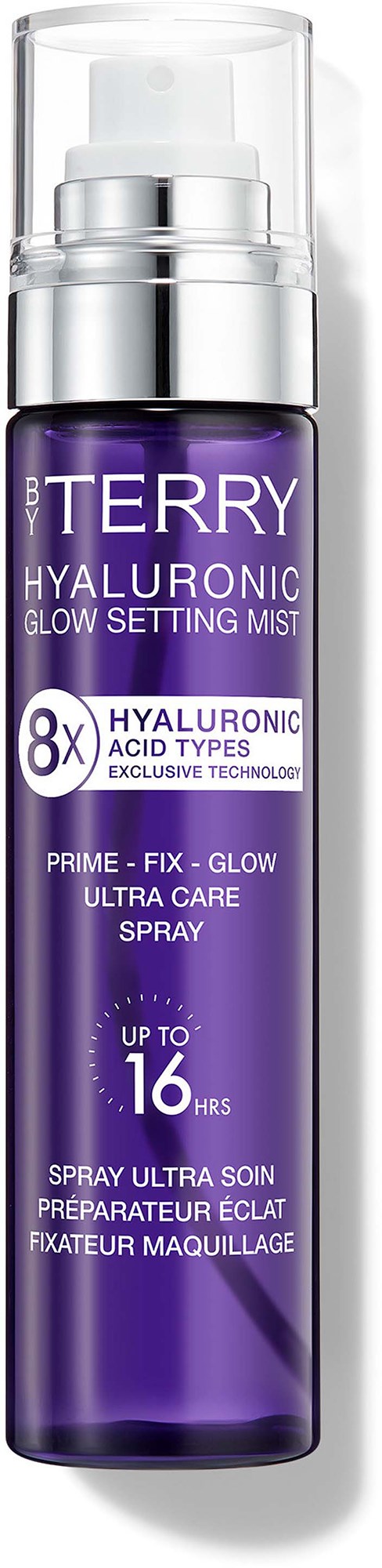 Violetti sumutepullo, jossa lukee 'BY TERRY Hyaluronic Glow Setting Mist', kestää jopa 16 tuntia.