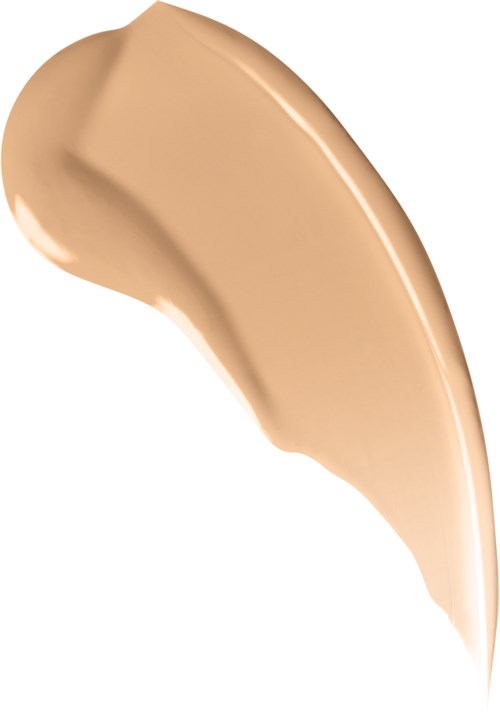 Beige nestemäisen Sävyinen voide, sivellin ja sileä kiiltävä pinta.