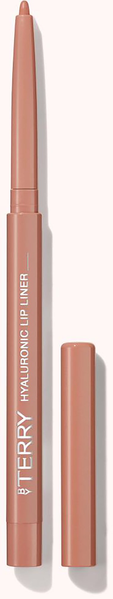 Rosa huulten rajauskynä korkilla, merkinnällä 'HYALURONIC LIP LINER' ja 'BY TERRY'.