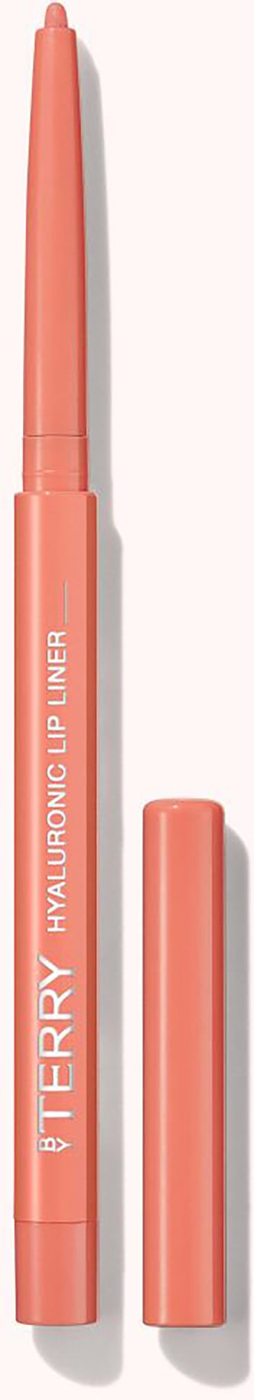 Koralli-roskan huultenrajauskynä, jossa on kansi ja teksti 'BY TERRY HYALURONIC LIP LINER'.