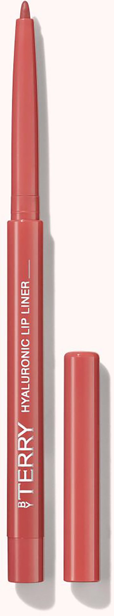 Väritehtävällä varustettu huulten rajauskynä, jossa on irrotettava korkki ja merkintä 'BY TERRY HYALURONIC LIP LINER.'