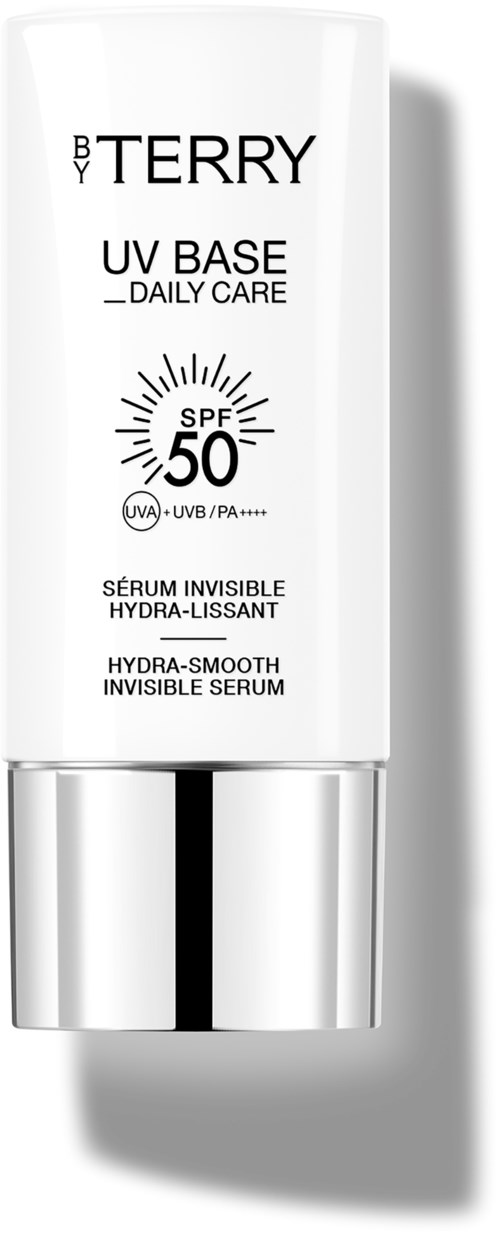 A white tube of hydra-smooth invisible serum sunscreen with SPF 50, black and silver text and a shiny silver cap.