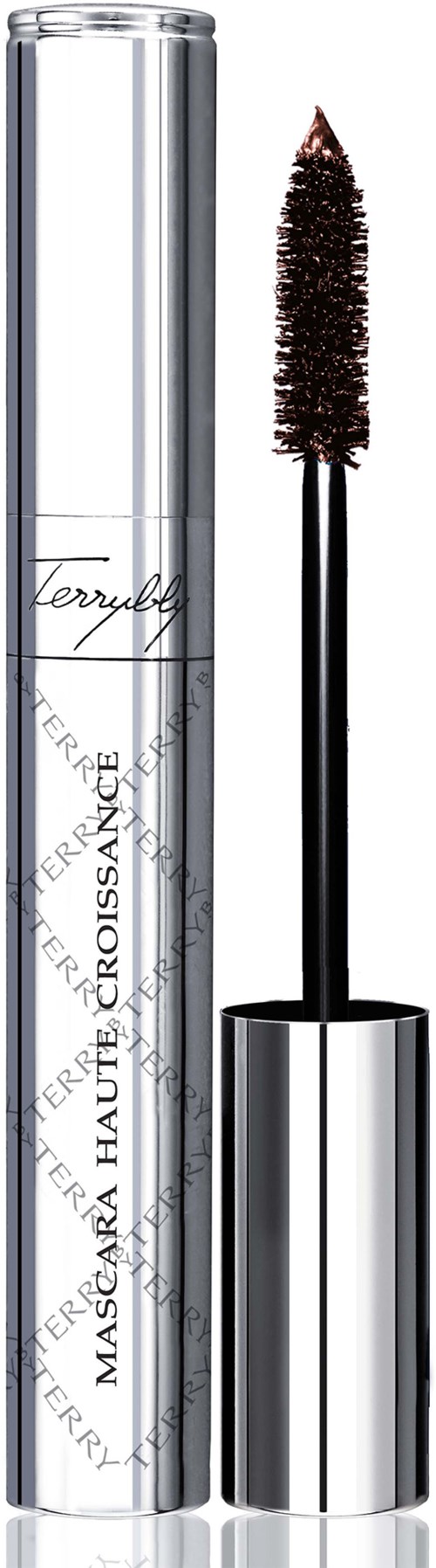 Mascara-ämpäri mustalla harjalla, hopea runko ja kaunokirjoitusta pakkauksessa.