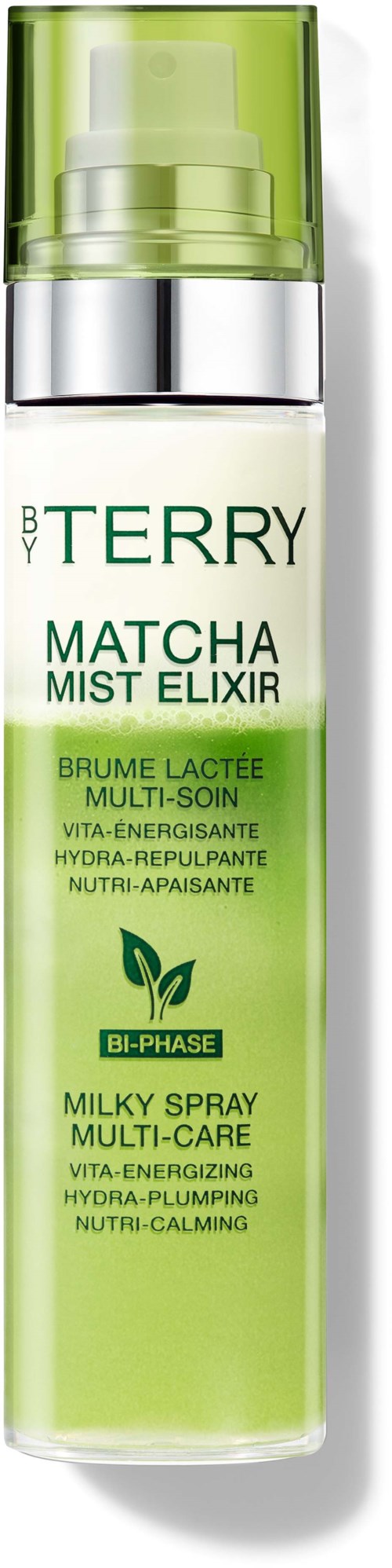 Grön och vit sprayflaska med silverpump, märkt B TERRY MATCHA MIST ELIXIR för hudvård.