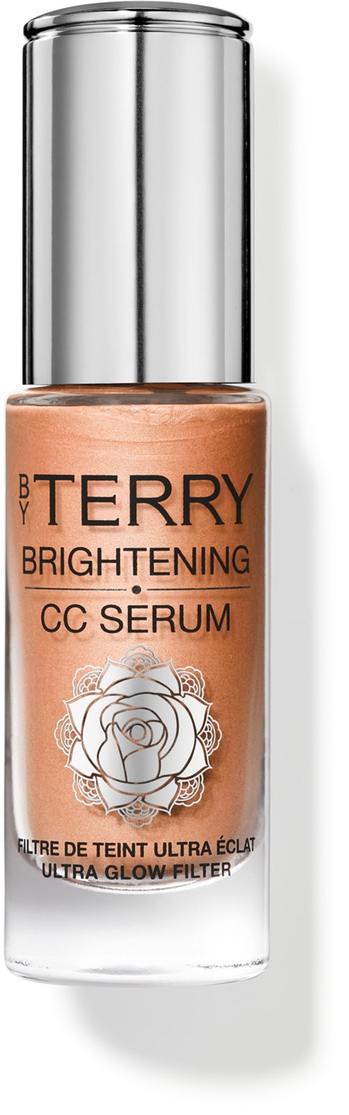 Pieni lasipullo hopeisella kannella, merkki BTERRY Brightening CC Serum ja ruusun logo.