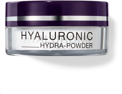 Hyaluronic Hydrate -jauhepurkki, jossa violetti kansi ja läpinäkyvä säiliö, merkattu mustalla tekstillä.