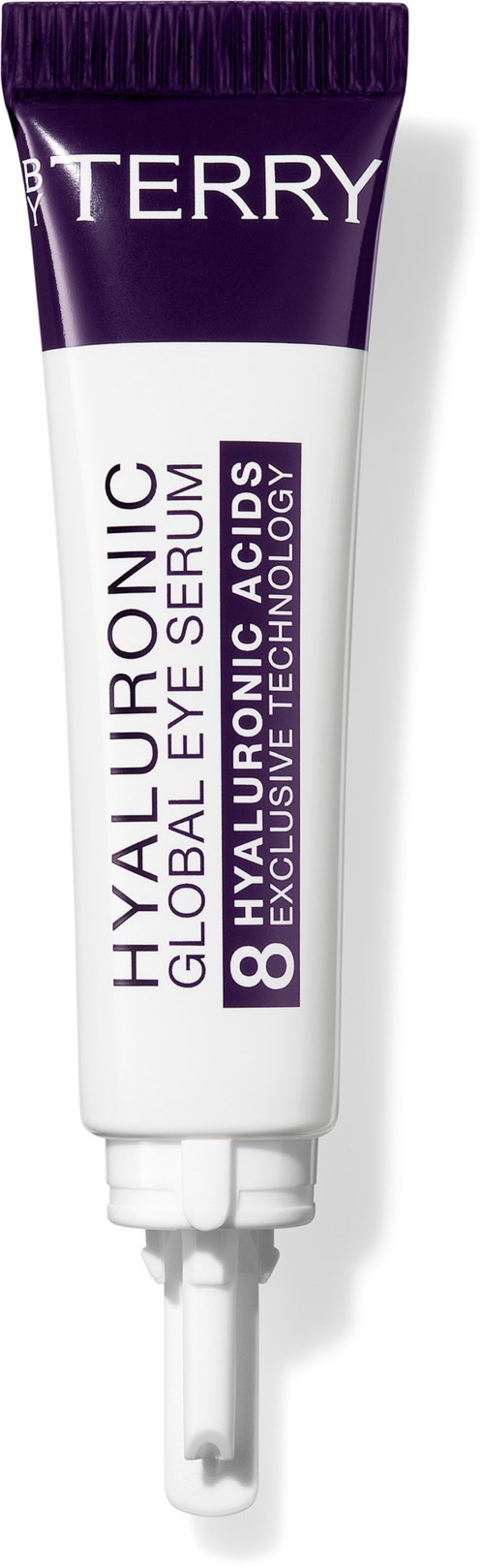 A small tube of eye serum with purple and white packaging, labeled for hyaluronic and vitamin C benefits.
