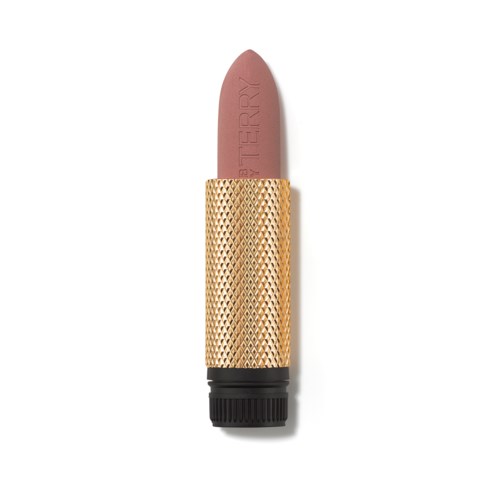 A lipstick shaped item with a pink top and a gold textured body, and a black base.