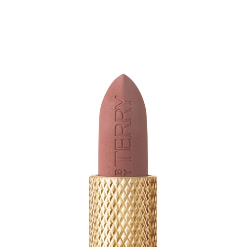 A lipstick with a gold patterned case and brown lipstick inside. The lipstick has the words "BERRY" on it.