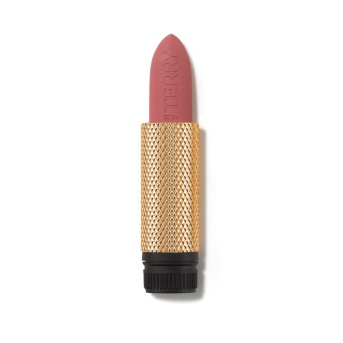 A lipstick with a gold, textured case and a pink lipstick visible at the top.
