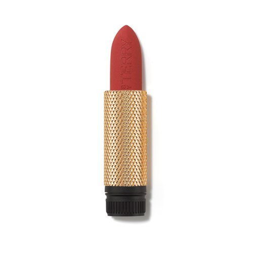 A red lipstick tube with a gold textured cap and black bottom, standing upright.