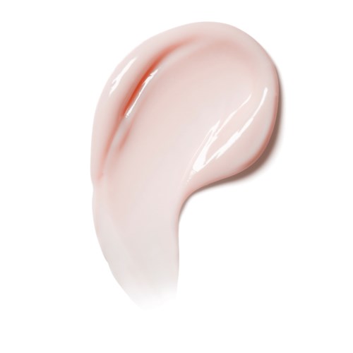 Pehmeä vaaleanpunainen voide tai lotion levitettynä valkoiselle taustalle, sileä ja kiiltävä tekstuuri.