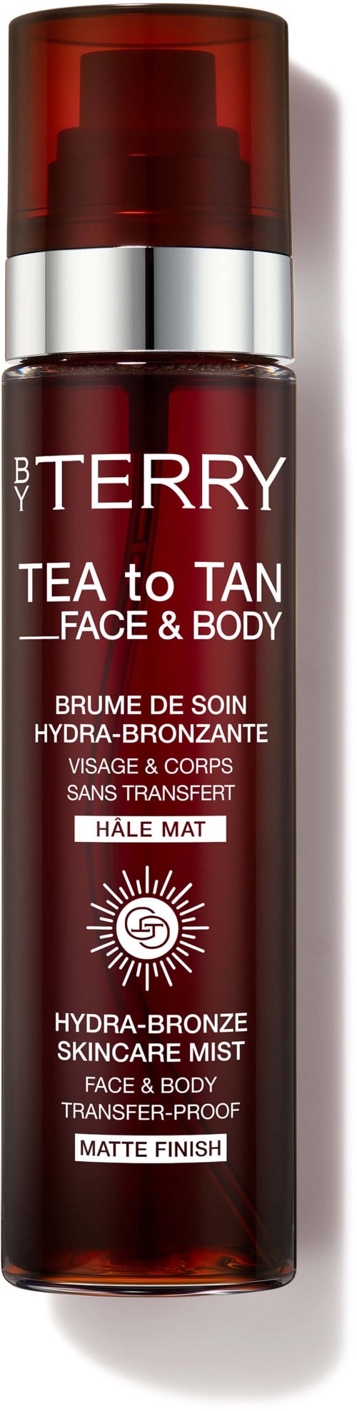 Pitkä, sylinterin muotoinen TERRY Tea to Tan kasvo- ja vartelomistspray, jossa on punainen ja hopea muotoilu.