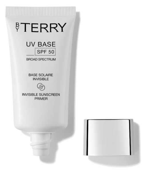 En hvit tube med BY TERRY UV-basissole med SPF 50 og en sølvfarget kompaktboks ved siden av.