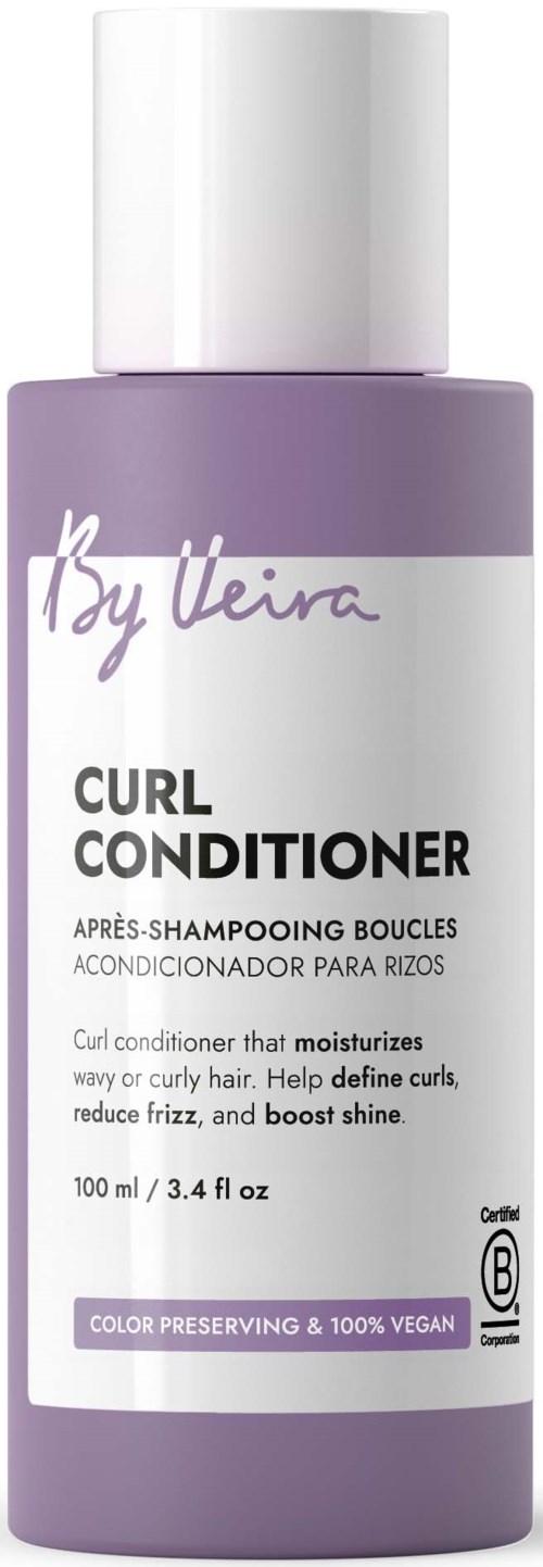 Lilla flaske med Curl Conditioner med hvit hette, merket som fuktighetsgivende, vegansk og fargebevarende, for bølgete eller krøllete hår.
