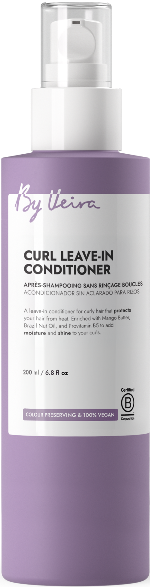 Lilla flaske med hvit pumpe og etikett for Curl Leave-In Conditioner fra By Weira.