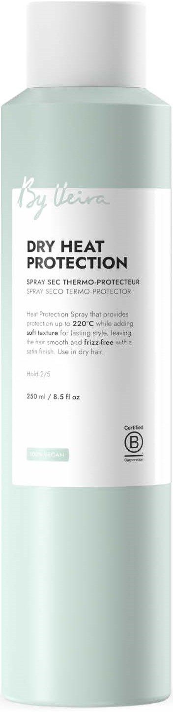 En lang, lys grønn sprayflaske med hvit lokk og merke for beskyttelse mot tørr varme.