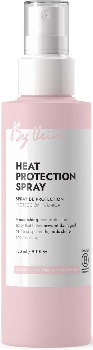 En rosa sprayflaske merket Heat Protection Spray for hår med hvit pumpe.