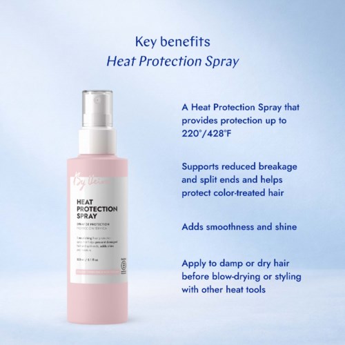 Tekst med nøkkelfordeler for varmebeskyttelsesspray, inkludert temperaturbeskyttelse, redusert brudd, økt glans og bruksanvisninger.