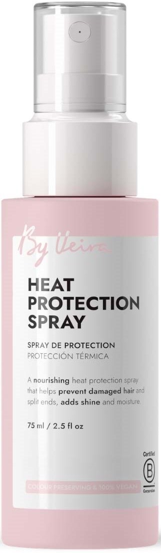 En rosa og hvit flaske med varmebeskyttelsesspray med spraymunnstykke, merket for hårbeskyttelse.