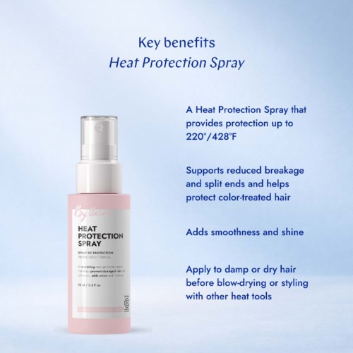 Produktemballasje for varmebeskyttende spray med informasjon om nøkkelfordeler og bruksanvisninger.