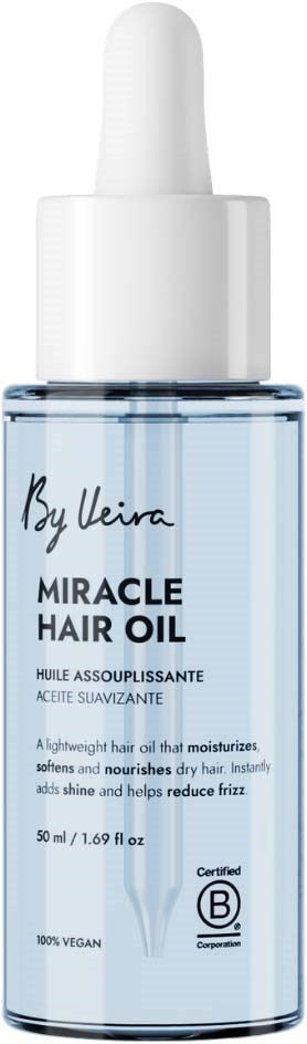 Flytende hårolje i en klar flaske med hvit dråpetut, merket Miracle Hair Oil av by Kerr. 50 ml.