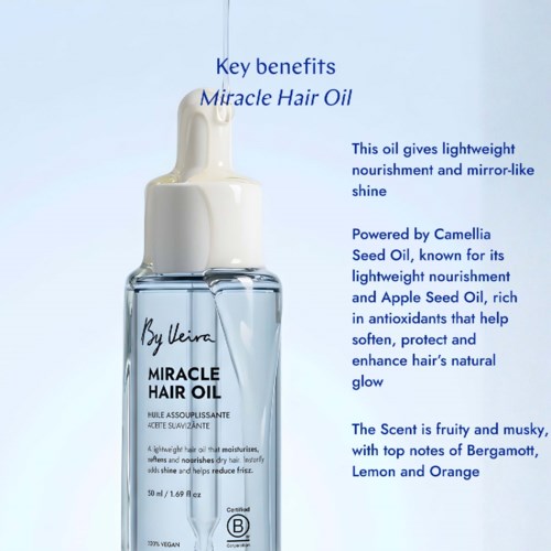 Flaske med Miracle Hair Oil med en pipette, etikett viser merke og produktnavn, gjennomsiktig flaske med klart oljeinnhold.