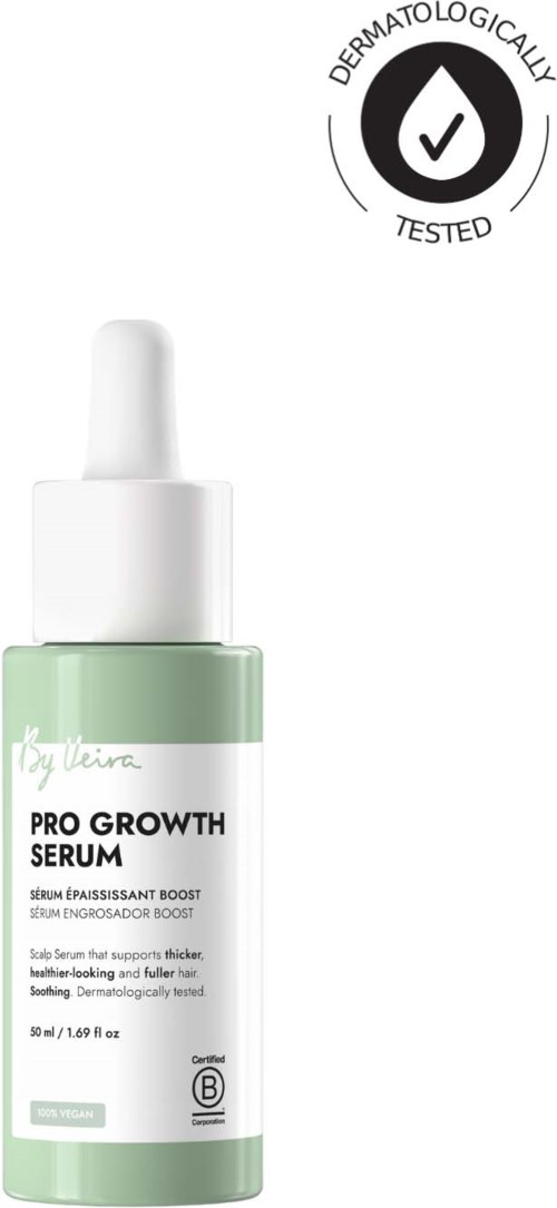 Pro Growth Serum-flaske med pipette, grønn etikett og hudpleiekrav, lar deg vite at den er dermatologisk testet.