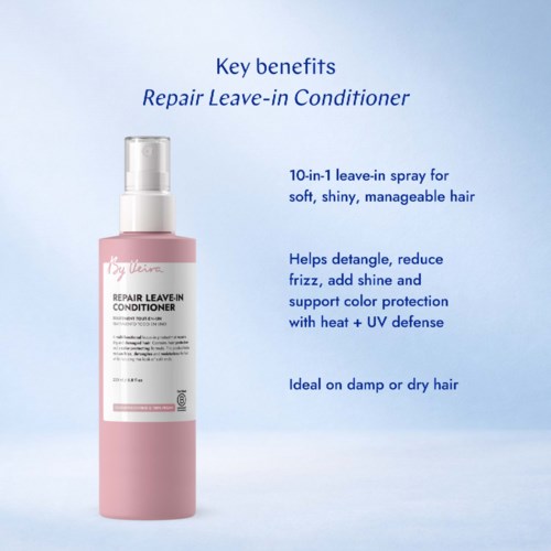 Tekst på blå bakgrunn som beskriver fordelene med Repair Leave-in Conditioner, inkludert funksjonene for hårpleie.