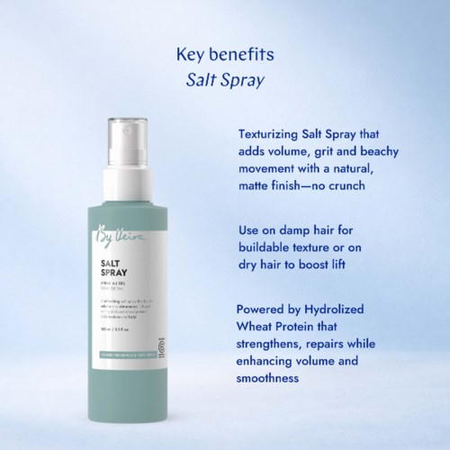  Produktetikett for Salt Spray med fordeler, bruk og ingredienser beskrevet.