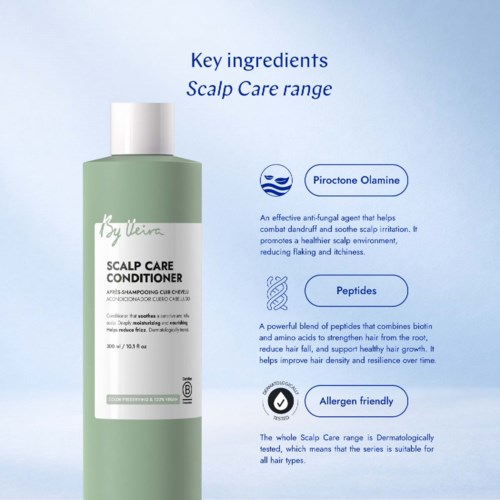 En grønn flaske med Scalp Care Conditioner med nøkkelingredienser Piroctone Olamine, Peptider og allergenfri merking, på lys bakgrunn.