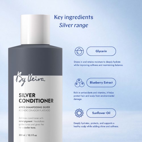 Flaske med silverbalsam med nøkkel ingredienser: glyserin, blåbærekstrakt og solsikkeolje, på en lys blå bakgrunn.