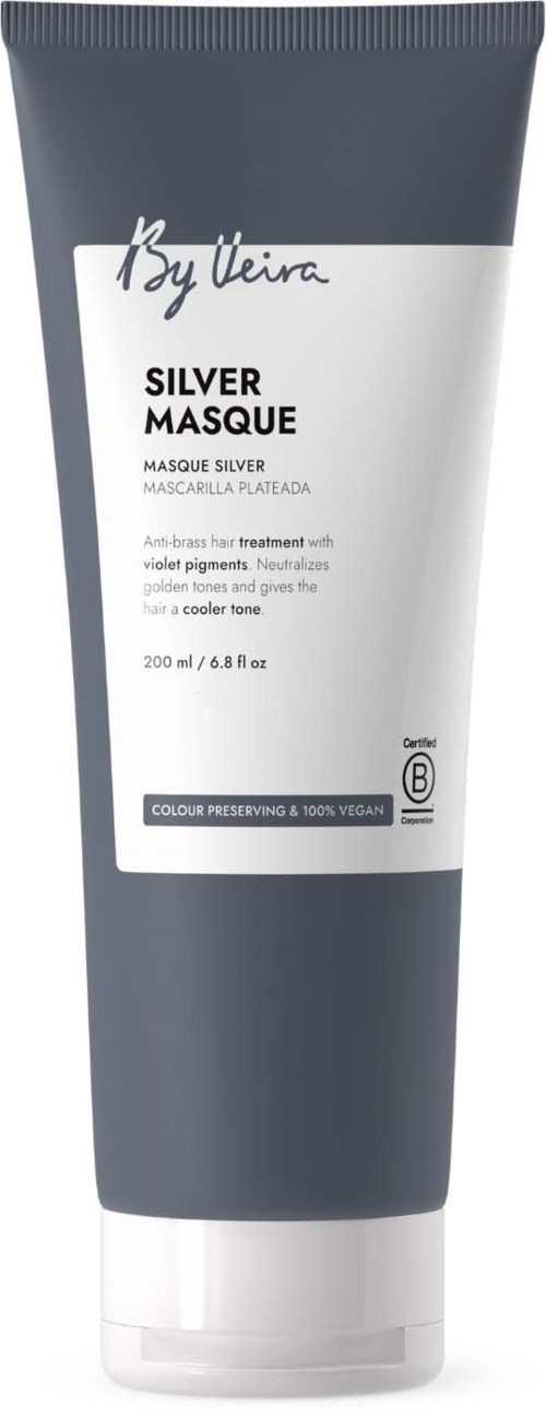 En tub med silvermaskering med svart och vitt förpackning, märkt som By Lieren Silver Masque, med fokus på violetta pigment och färgbevarande.